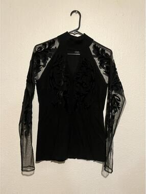 INC International Concepts Black Sheer Mesh Sleeve Top with Velvet Detail size L